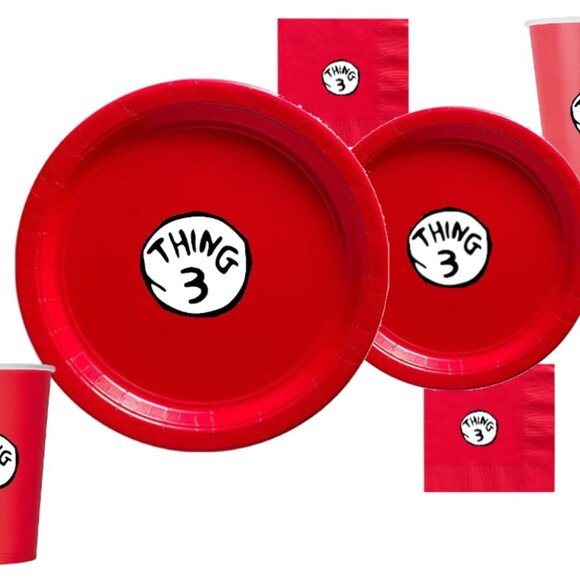 Custom 60 piece Thing 3 Birthday dinnerware Party Plates, cups and napkins: Red - Picture 1 of 3